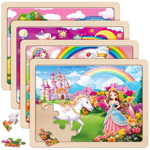 SYNARRY Large Unicorn Princess Fairy Wooden Puzzles for Girls Gift Box(12.2 * 9.4 in), 24 Pcs Puzzles for Kids Ages 4-6, Wood Puzzles for Kids Ages 3-5, Easter Basket Stuffers Gifts for Kids - style: Unicorn