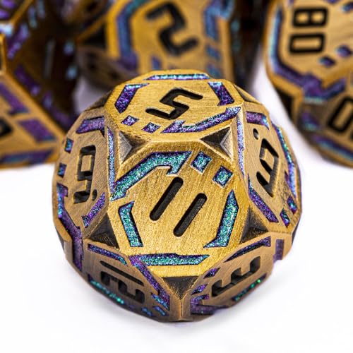 Metal DND Sci-fi Dice Set 7PCS Stripe Polyhedral Dice for Dungeons Dragons RPG Role Playing Game, Glitter D and D Dice with Gift Box D6 D8 D10 D12 D20 (Ancient Gold&Green Purple) - color: Ancient Gold - Green Purple