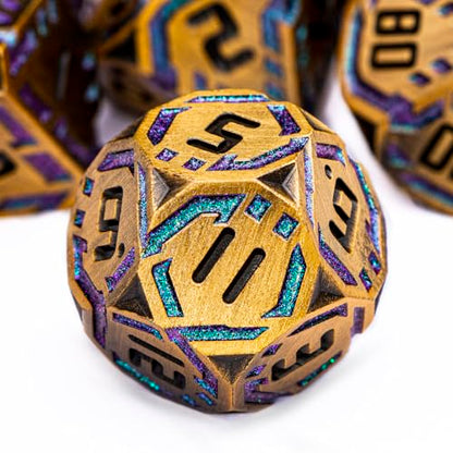 Metal DND Sci-fi Dice Set 7PCS Stripe Polyhedral Dice for Dungeons Dragons RPG Role Playing Game, Glitter D and D Dice with Gift Box D6 D8 D10 D12 D20 (Ancient Gold&Green Purple) - color: Ancient Gold - Green Purple