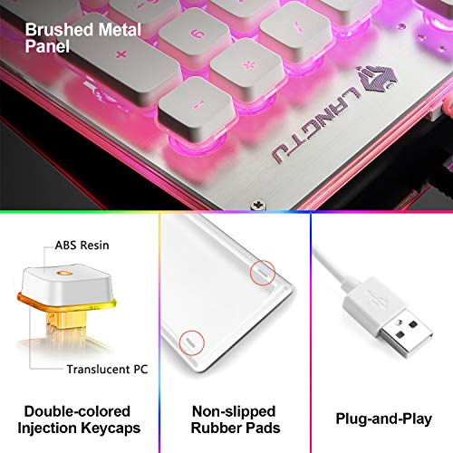 LANGTU Membrane Gaming Keyboard, Rainbow LED Backlit Quiet Keyboard for Office, USB Wired All-Metal Panel 25 Keys Anti-ghosting Computer Keyboard 104 Keys - L1 White/Silver