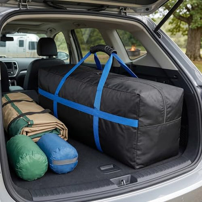 56 Inch Travel Duffel Bag, Heavy Duty 600D Foldable Large Capacity | 600D Water-Resistant Fabric, Reinforced Seams. Padded Handle & Blue Webbing. Folds Flat. For Camping, Gym, Sports & Travel. - size: 56"(L)*15"(W)*27"(H)