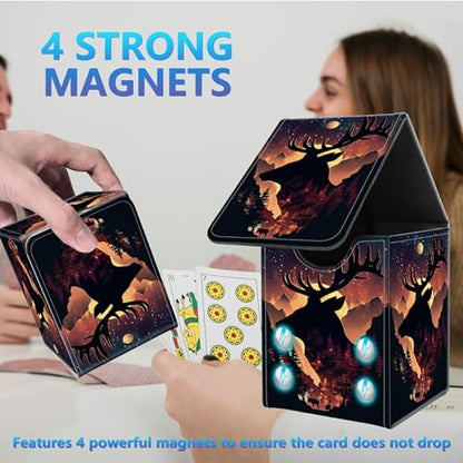 Card Deck Box for Trading Cards,MTG Commander Deck Box Fits 100+ Single Sleeved Cards,Leather Magnetic Card Storage Box for YuGiOh TCG CCG Cards,Black Deer - color: Black Deer