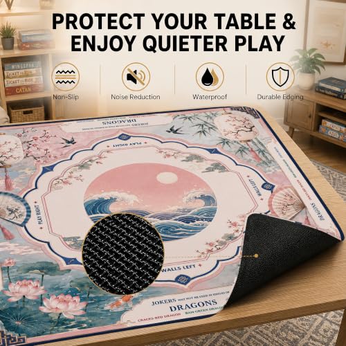 Crane Waves Mahjong Mat for Table with Carrying Bag, Anti Slip Noise Reduction Game Table Cover for Mahjong, Card, Board Tile Games, 31.5'' x 31.5'' - color: Moonlit Crane Waves
