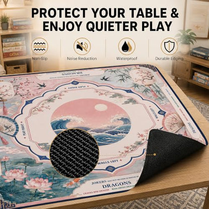 Crane Waves Mahjong Mat for Table with Carrying Bag, Anti Slip Noise Reduction Game Table Cover for Mahjong, Card, Board Tile Games, 31.5'' x 31.5'' - color: Moonlit Crane Waves
