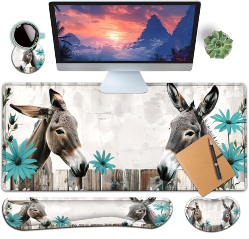 Large Gaming Mouse Pad+ Keyboard Wrist Rest Set, Ergonomics Memory Foam Mouse Mat Wrist Rest Support for Home Office, Waterproof Extended Mousepad 31.5x11.8in, Cute Donkey Desk Pad - color: Yvb-mousepad-9-f-160