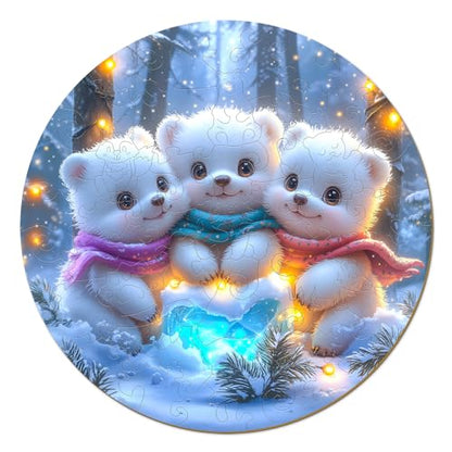 Winter Wooden Puzzles for Kids - Family Bear (11.4 * 11.4 in) | 50 Piece Puzzles for Kids Ages 6-8, Kids Puzzles with Unique Animal Shapes, Round Gift for Girls and Boys - color: Family Bear