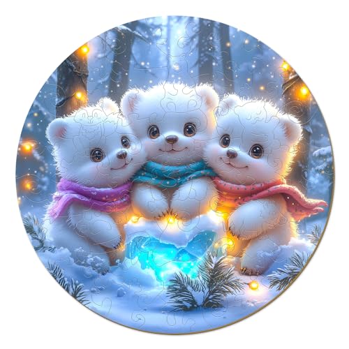 Winter Wooden Puzzles for Kids - Family Bear (11.4 * 11.4 in) | 50 Piece Puzzles for Kids Ages 6-8, Kids Puzzles with Unique Animal Shapes, Round Gift for Girls and Boys - color: Family Bear