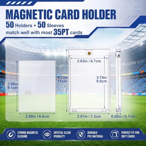 SATINIOR 50 Pcs 35Pt Magnetic Card Holders for Sleeved Cards, Fits Sleeved Card First, Inner Size 2.63''x3.74'' Clear Hard Plastic Cards Protector with 50 Sleeves for Sport Baseball Football Game