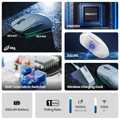 MechLands AJAZZ AJ139 V2 MC Gaming Mouse with Charging Base, Adjustable 12,000 DPI, PAW3311 Sensor, 3 Modes Wireless Mouse, 500mAh Battery, 1000 Polling Rate, 66g Lightweight, Win/Mac (White) - color: White