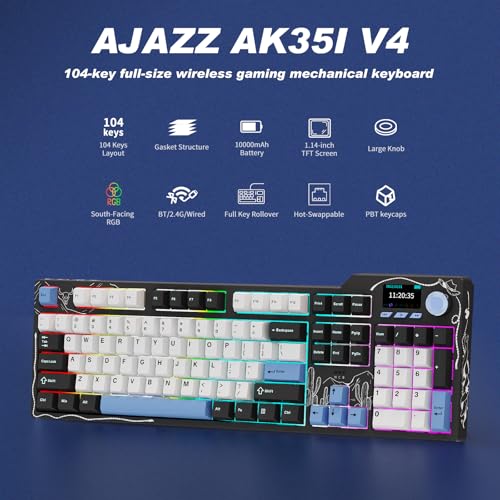 Ajazz AK35I V4 Full Size Wireless Mechanical Keyboard with 1.14" Color Screen & Knob, Tri-Mode Gasket Hot Swappable Gaming Keyboard, 10000mAh Battery, RGB, Black White Blue - color: V4 Black White Blue
