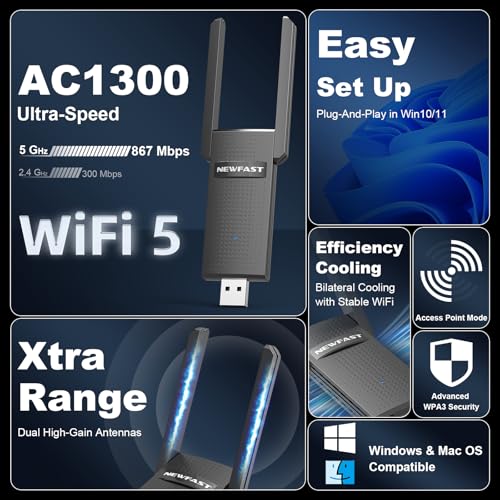 NEWFAST AC1300 USB WiFi Adapter for Desktop PC U327, 2.4G/5G Dual Band Wireless Network Transceiver Adapter with Dual Antennas, Wireless WiFi Adapter Dongle Compatible Windows 8/8.1/10/11