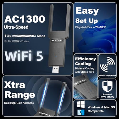 NEWFAST AC1300 USB WiFi Adapter for Desktop PC U327, 2.4G/5G Dual Band Wireless Network Transceiver Adapter with Dual Antennas, Wireless WiFi Adapter Dongle Compatible Windows 8/8.1/10/11