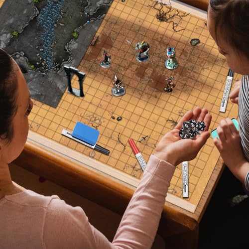 DND Map 32 Terrain 24” x 36",17” x 17",13” x 17" | Double Sidedv Grids Dry Erase Battle Mats for Dungeons & Dragons Game with Dice Set,Clips,Eraser,Markers
