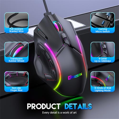 RGB Wired Gaming Mouse with High-Precision 12,800 DPI Adjustment, Customizable RGB Lighting, 12 Programmable Buttons, Ergonomic Comfort Grip Design,for Windows Computer Gamer