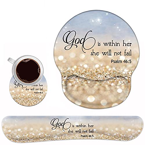 Keyboard Wrist Rest and Mouse Pad Wrist Rest Support Set with Coasters, Non-Slip PU Base for Gaming and Office, Comfortable & Lightweight for Easy Typing & Pain Relief - Quote Bible Verses Psalm 46:5 - color: Quote Bible Verses Psalm 46:5