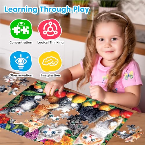 4 Packs 100 Piece Puzzles for Kids Ages 4-6 6-8 8-10, Cats Dogs Sea World Mushroom Large Piece Puzzle for Seniors 100 Pieces Adults Jigsaw Puzzle Learning Educational Xmas Toys for Boys and Girls - style: Cats Dogs Sea World