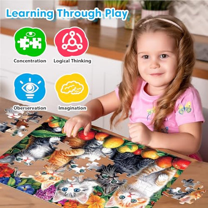 4 Packs 100 Piece Puzzles for Kids Ages 4-6 6-8 8-10, Cats Dogs Sea World Mushroom Large Piece Puzzle for Seniors 100 Pieces Adults Jigsaw Puzzle Learning Educational Xmas Toys for Boys and Girls - style: Cats Dogs Sea World