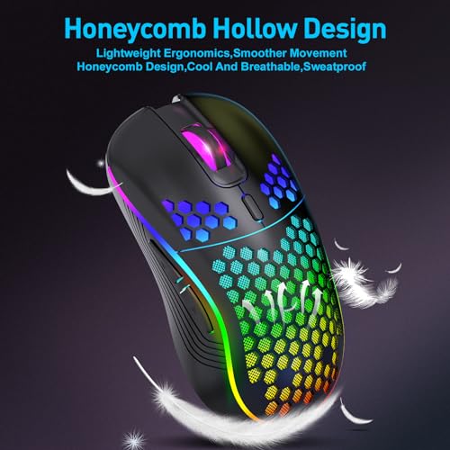 Wireless Gaming Mouse, Rechargeable Computer Mouse Ergonomic Mice Honeycomb Design with RGB Backlight, USB Receiver, 7 Buttons, Adjustable DPI, Wireless Mouse for PC/Mac/Laptop