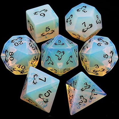 Haxtec Gemstone Dice Opal DND Dice Set with Dice Case Opalite D&D Compatible with Dungeons and Dragons Dice TTRPG DND Master Gift - color: White Black Gold