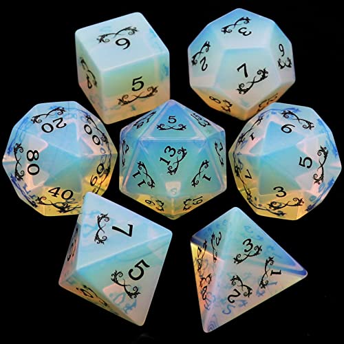 Haxtec Gemstone Dice Opal DND Dice Set with Dice Case Opalite D&D Compatible with Dungeons and Dragons Dice TTRPG DND Master Gift - color: White Black Gold