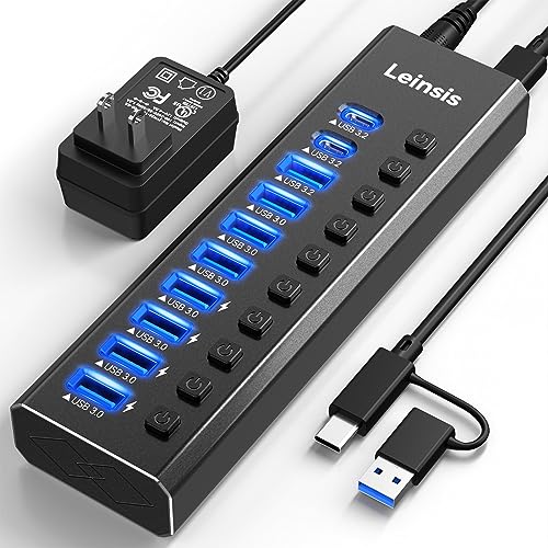 Powered USB Hub 3.2, LEINSIS 10-Port USB 3.2/USB C Hub (10Gbps USB-A 3.2 +2 USB-C 3.2 +7 USB 3.0 Ports) with Individual On/Off Switches and 12V Power Adapter, Aluminum USB Hub Powered for Laptop PC - size: 10-Port USB 3.2 Hub