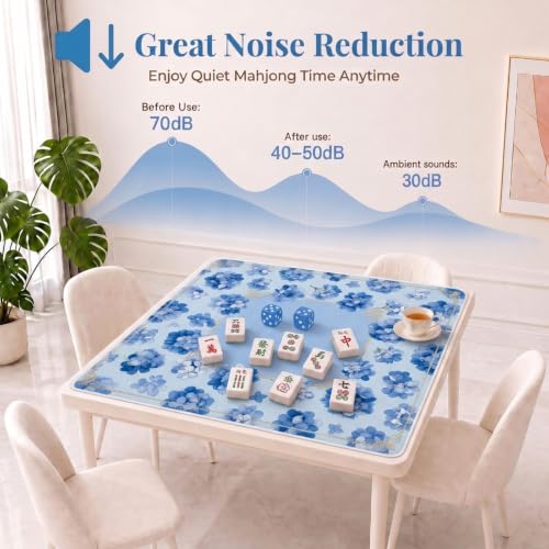 Blue Mahjong Mat for Table & 50PCS Stickers| Carrying Bag, Heavy Floral Mahjong Mats & 2 Dices, Noise Reduction Non Slip Foldable, 31.5x31.5 Game Table Cover, for Playing Card, Board Tile Games - color: Blue