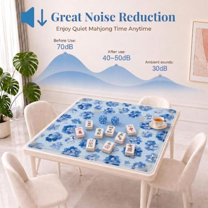 Blue Mahjong Mat for Table & 50PCS Stickers| Carrying Bag, Heavy Floral Mahjong Mats & 2 Dices, Noise Reduction Non Slip Foldable, 31.5x31.5 Game Table Cover, for Playing Card, Board Tile Games - color: Blue