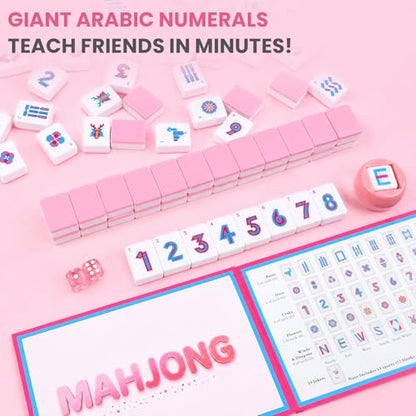 American Mahjong Tile Set - 166 Pink Engraved Melamine Tiles 1.2 Inch - Easy Read Numbered Set with Bag, Dice, Chips, Rulebook & Reference Cards