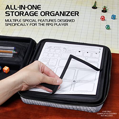 ENHANCE RPG Organizer Case - DnD Binder with Built-in Character Sheet Holder and Erasable Scribe Panel, Dice Rolling Area, Removable Pen Pouch, Miniature Foam Tray, Wrist Strap - color: Dragon Silver