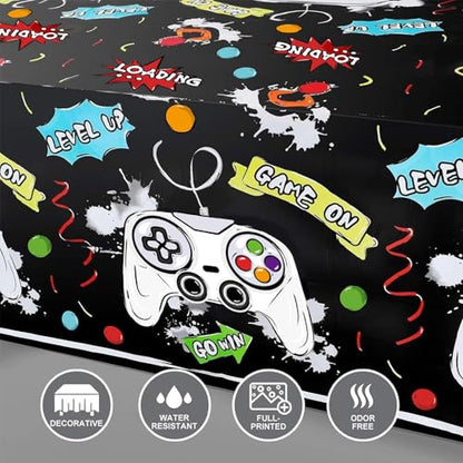 WERNNSAI Video Game Tablecloth - 1 Pack 108"x54" Gamer Table Cover | Black Gaming Night Party Favors, Gamer Birthday Theme Plastic Table Cloths for Boys Kids Player Geek - color: Video Game B