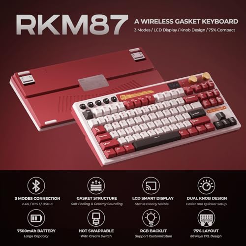 RK ROYAL KLUDGE M87 Wireless Gaming Keyboard with Screen & Dual Knobs, Red | Bluetooth/2.4G/Wired, Hot Swappable Cream Switches, 5-Layer Noise Dampening Gasket Structure,Compact 75% Size for PC/WIN/Mac - color: Red