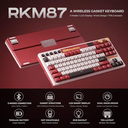 RK ROYAL KLUDGE M87 Wireless Gaming Keyboard with Screen & Dual Knobs, Red | Bluetooth/2.4G/Wired, Hot Swappable Cream Switches, 5-Layer Noise Dampening Gasket Structure,Compact 75% Size for PC/WIN/Mac - color: Red