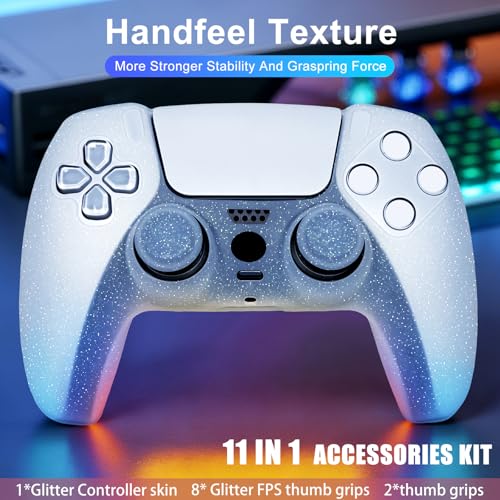 White Glitter Silicone Protective Case for PS5 Controller, Sparkly Bling Soft Cover Skins, Includes 8-in-1 Glitter Thumb Grip Caps + 2 Cat Paw Caps – Shockproof Dustproof Anti-Slip - color: White