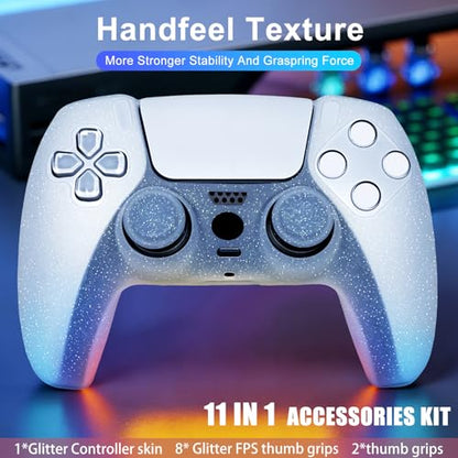 White Glitter Silicone Protective Case for PS5 Controller, Sparkly Bling Soft Cover Skins, Includes 8-in-1 Glitter Thumb Grip Caps + 2 Cat Paw Caps – Shockproof Dustproof Anti-Slip - color: White