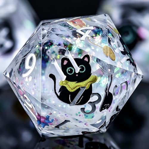WizardsAracanum Cat Liquid Quicksand DND Dice Set Resin 7Pcs Dice DND with an Iron Box for DND COC Role Playing dice Games and Board Games Gift (Glitter Rainbow Cat) - color: Rainbow Giltter Cut Cat
