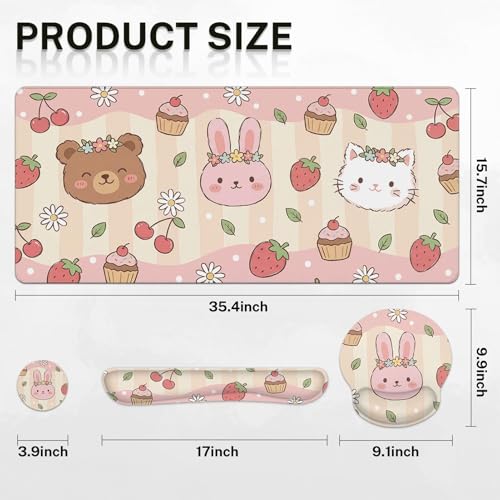 Arttown Keyboard Mouse Pad Set, 4 in 1 Desk Mat Set Strawberry Kawaii | Pink Animal Large Mousepad+Keyboard Wrist Rest+Mouse Wrist Rest+Coaster Ergonomic Design for Home Office Computer - color: Cute Animal