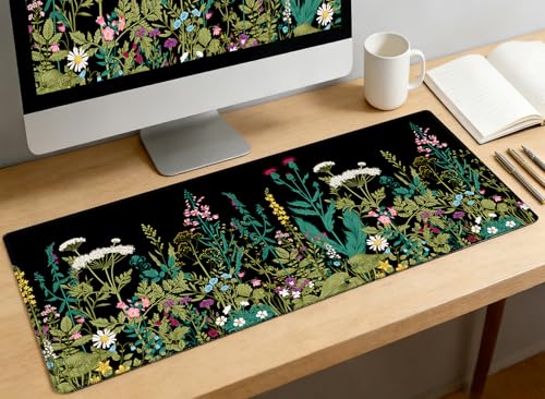 XXL Waterproof Office Desk Pad Protector 35.4x15.7 Inch - Extended Gaming Mouse Pad with Non-Slip Rubber Base, Thickened Keyboard Mat, Stitched Edges & Weeds Design - color: A-black