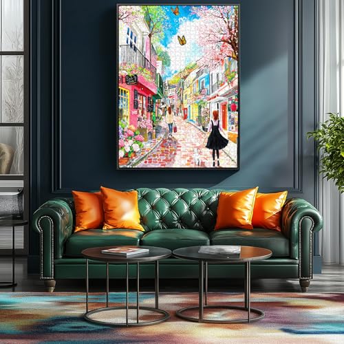 Spring Cherry Blossom Street 500 Piece Jigsaw Puzzles for Adults Colorful European Scene Pink Town Jigsaw Puzzles with Letters on Back for Perfect Family Challenge Game Nights (23"X15") - color: Spring Cherry Blossom