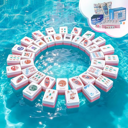 BOATWAY Mahjong Floating Tile Sets, 160 American Mahjong Tiles Waterproof EVA Foam Tiles with Storage Bag Dice & Rule Cards, Portable Pool Party Game for Adults, 1.4 Inch