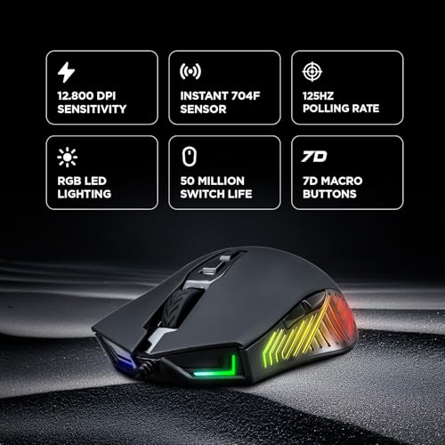 Rampage Spear V2 Black Wired Gaming Mouse with RGB Lighting – 12800 DPI, 7 Programmable Buttons, Lightweight Ergonomic Gaming Mouse for PC/Mac/Laptop Gamers - color: Black