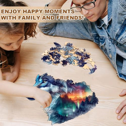 Wooden Puzzles for Adults, Aurora Wolf Jigsaw Puzzles, 190 Piece Unique Shaped Puzzle, Animal Shape Puzzle, Gifts for Adults/Friends/Family, Family Game，Wall Decor(13.4 * 12.9in) - size: Large