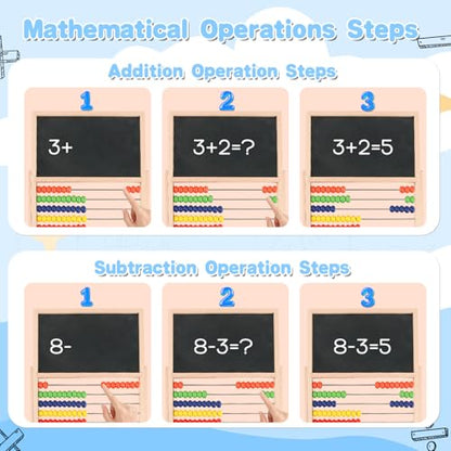 Wooden Abacus Math Games for Kids 5-7 Counting Toys with Double-Sided Board | Wood Abacus Educational Counting Math Manipulatives for 1st 2nd grade with Magnetic Number Cards 1-100