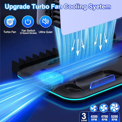 Kawaye PS5/Slim/Pro Stand and Cooling Station for PlayStation 5 Consoles, PS5/Pro/Slim Accessories with 3-Level Cooler Fan, PS5 Controller Charger, Cooling Satnd, Headset Holder, 15 Game Slots, Black