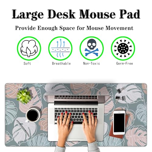 Large Desk Mat Green, Gaming Mouse Pads Office Desk Pad, Keyboard Desk Mat Non-Slip Rubber Base Waterproof with Stitched Edges, 35.4 X 15.7 inch for Work/Game/Office/Home Tropical Monstera - color: Tropical Green Monstera