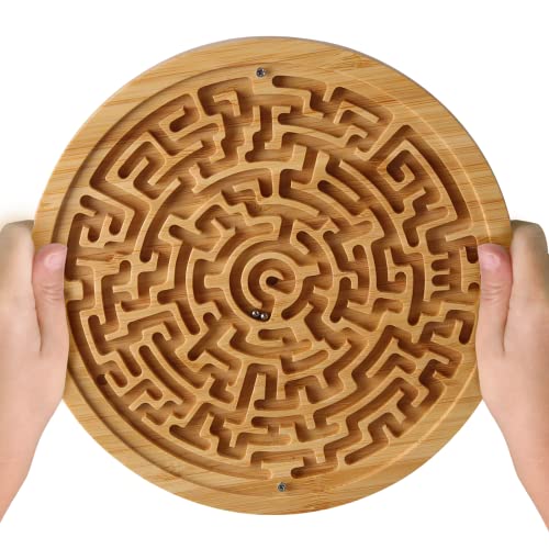 Round Wooden Labyrinth Board Game - Marble Maze for Education and Fun, Toddler Activity Board, Brain Teaser Puzzle Logic Game with Two Metal Balls for Kids, Adults, Teens, Boys, and Girls - color: Yellow