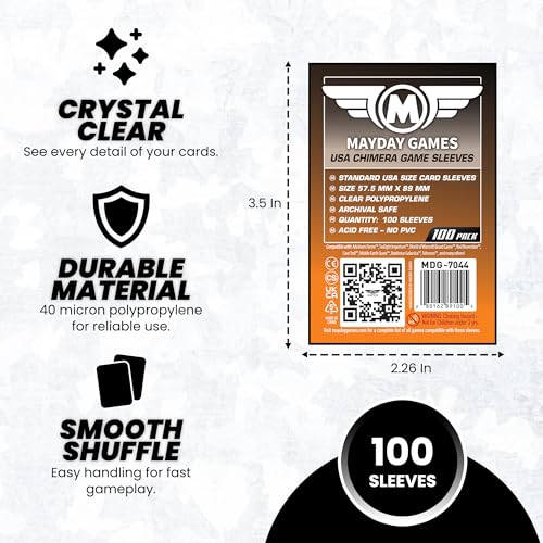 Mayday Games USA Chimera Card Sleeves – 100 Pack, 57.5 x 89 mm, Super Clear 40 Micron Polypropylene, Acid-Free, PVC-Free – MDG-7044