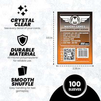 Mayday Games USA Chimera Card Sleeves – 100 Pack, 57.5 x 89 mm, Super Clear 40 Micron Polypropylene, Acid-Free, PVC-Free – MDG-7044