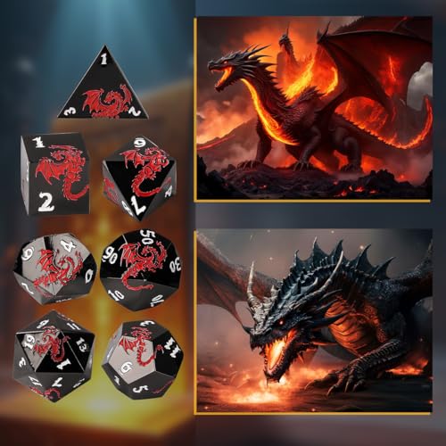 Metal Dice Set, Flat Face Black Red Dragon Pattern, 7pcs Polyhedral Metal DND Dice Set, DND Starter Set, D&D Gifts with Gift Box, Role Playing Board Games Accessories, Black - color: Black+red