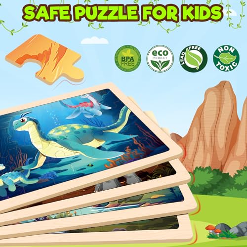 Wooden Puzzles Dinosaur Toys for Kids Ages 3-5, 4 Packs Jigsaw Dino Puzzles for Kids Ages 4-6, Educational Boards Game Gifts for 3 4 5 6 Boys Girls - style: Dinosaur