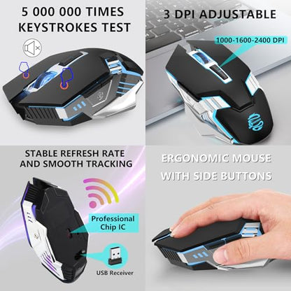 Bluetooth Gaming Mouse, RGB Rechargeable USB Wireless Mouse, Quiet Click, LED Backlit, Ergonomic, with Side Button, 6 Button, DPI Adjustable, Computer Mice for Laptop PC MacBook Chromebook - Black - color: Black